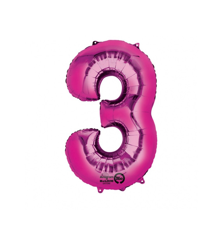 Ružový fóliový balónik v tvare čísla 3