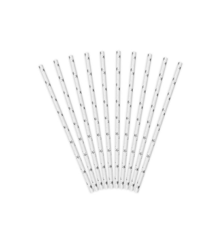 Slamky papierové so strieborrnými hviezdami - biele